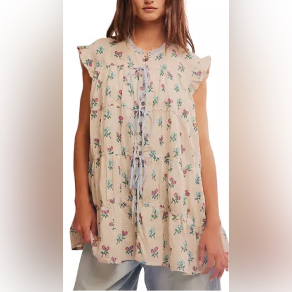 Free People Floral Sleeveless Tunic Top - Cream and Blue